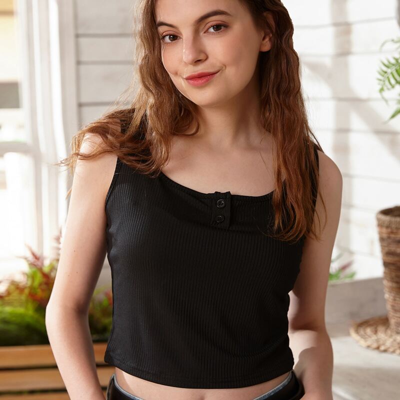

Ribbed Button Crop Tank, Black