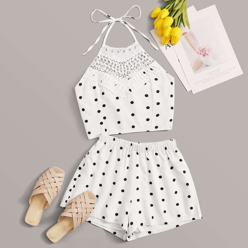 

Polka Dot Contrast Lace Halter Top With Shorts, White