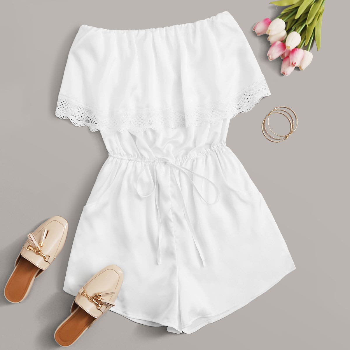 

Contrast Lace Trim Drawstring Waist Foldover Tube Romper, White