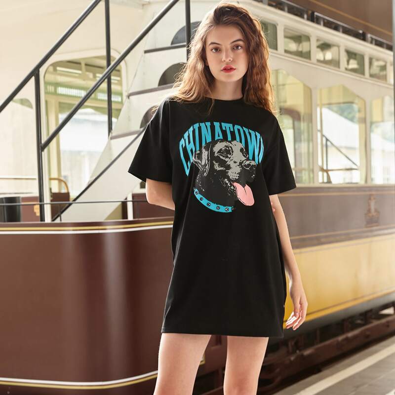 

Dog Graphic Tee Dress, Black