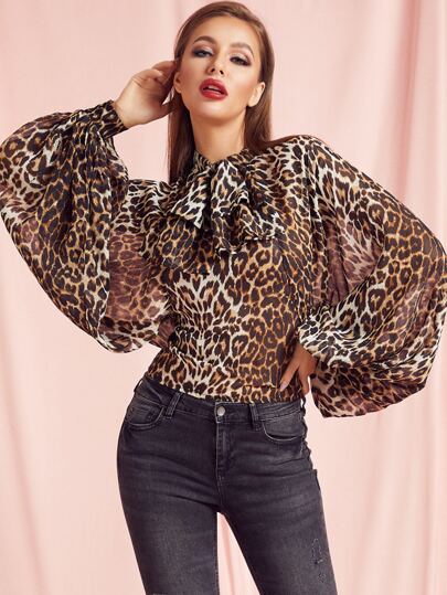 SBetro Tie Neck Exaggerate Balloon Sleeve Open Back Top