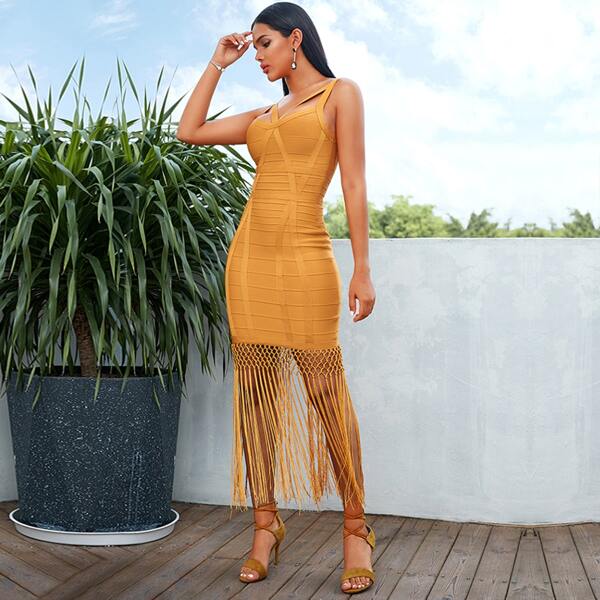 

Fringe Hem Cut-out Front Bandage Dress, Mustard yellow