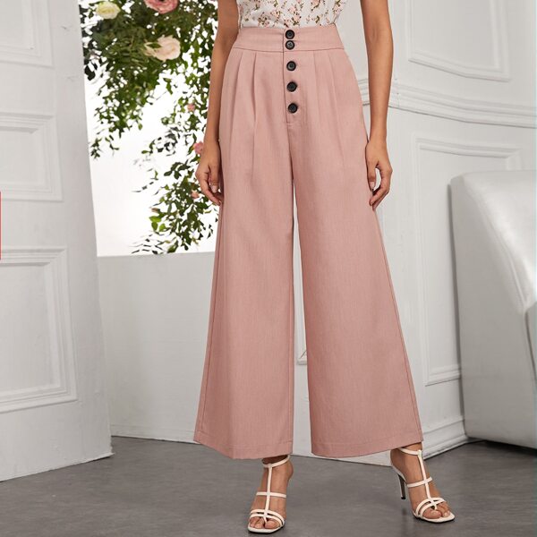 

Solid Button Fly Wide Leg Pants, Pink