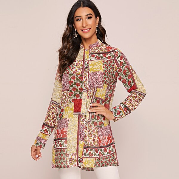 

Цветочная длинная блуза с пуговицами, Многоцветный