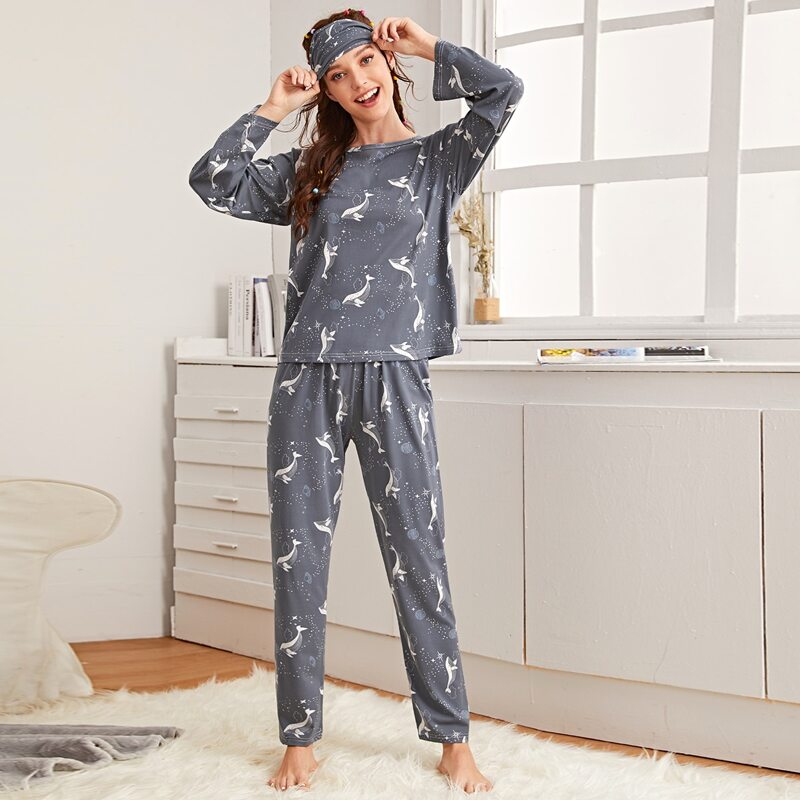 

Whale Print PJ Set With Eye Cover, Grey