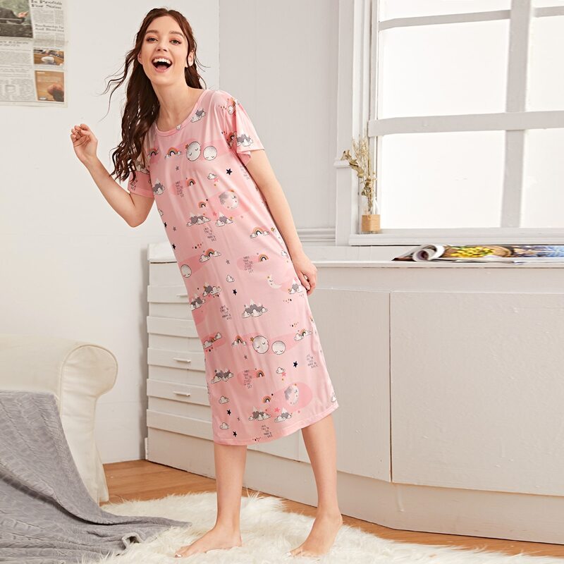 

Cartoon And Letter Graphic Night Dress, Pink