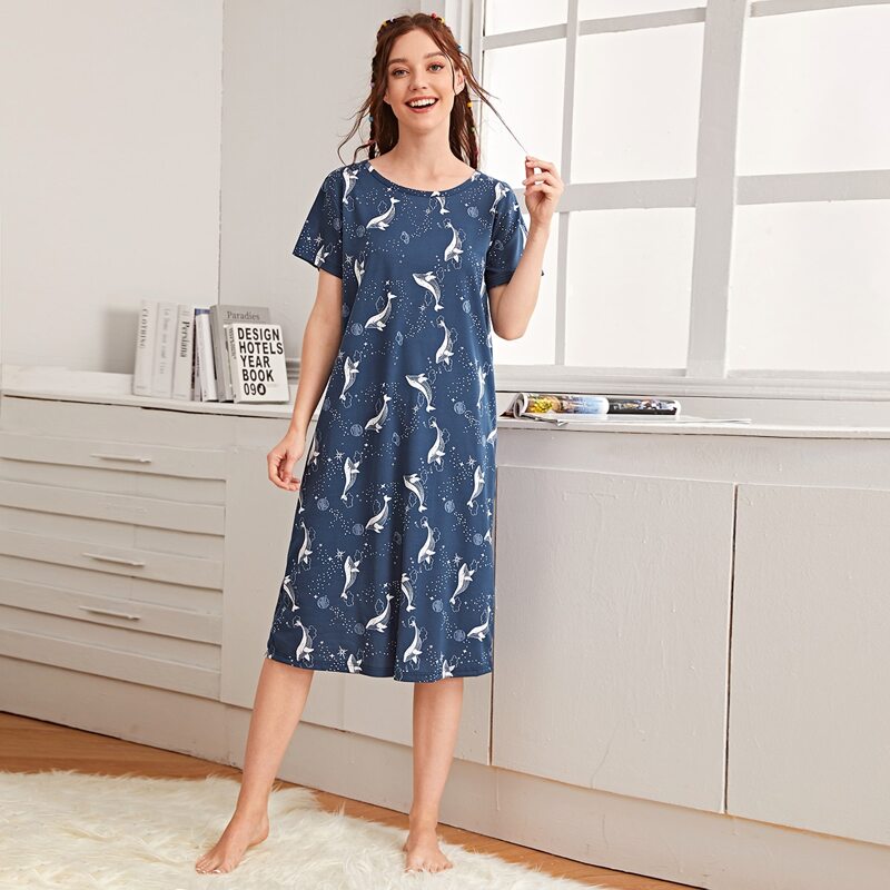 

Dolphin And Galaxy Print Night Dress, Navy