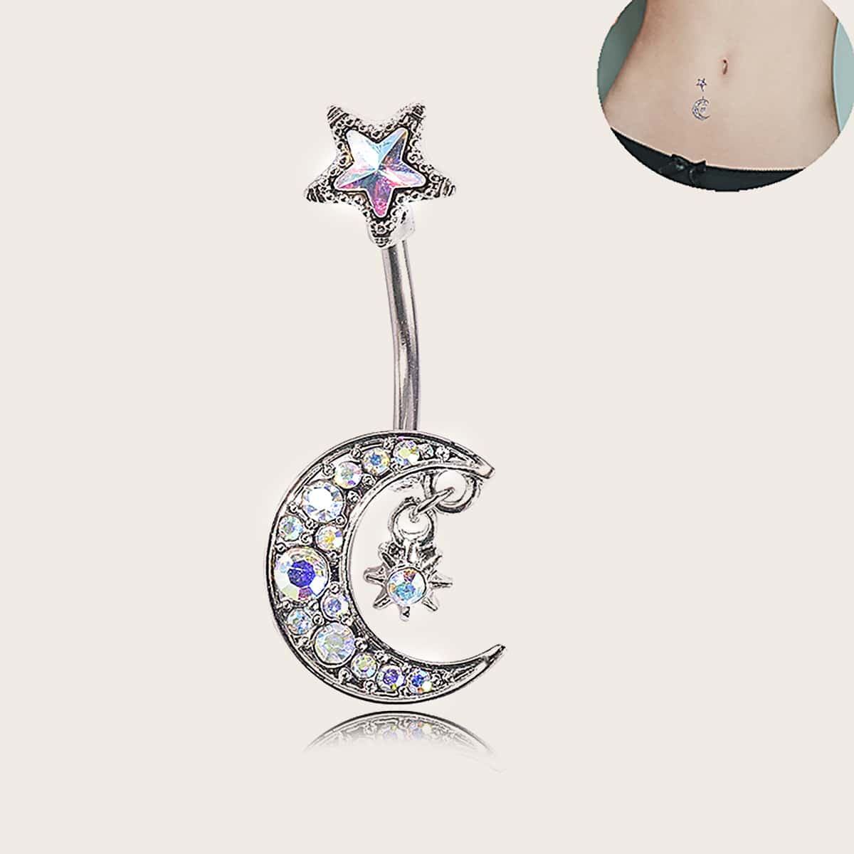 

1pc Rhinestone Decor Moon Design Belly Ring, Silver