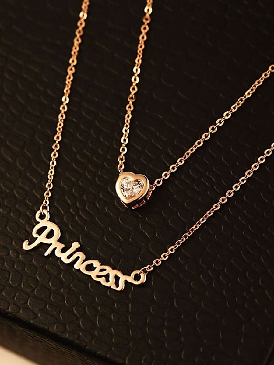 Collar a capas con diseño de diamante de imitación con letra 1 pieza - Amarillo Oro - Ver 1