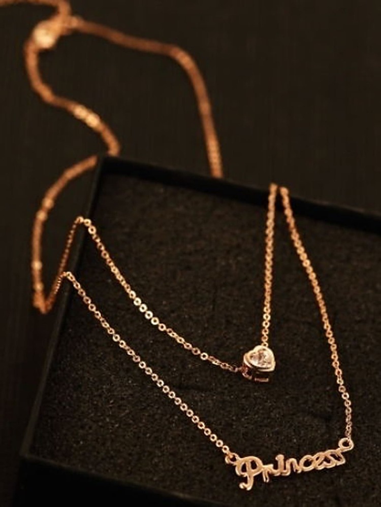 1pc Letter & Rhinestone Charm Layered Necklace - Yellow Gold - View 2