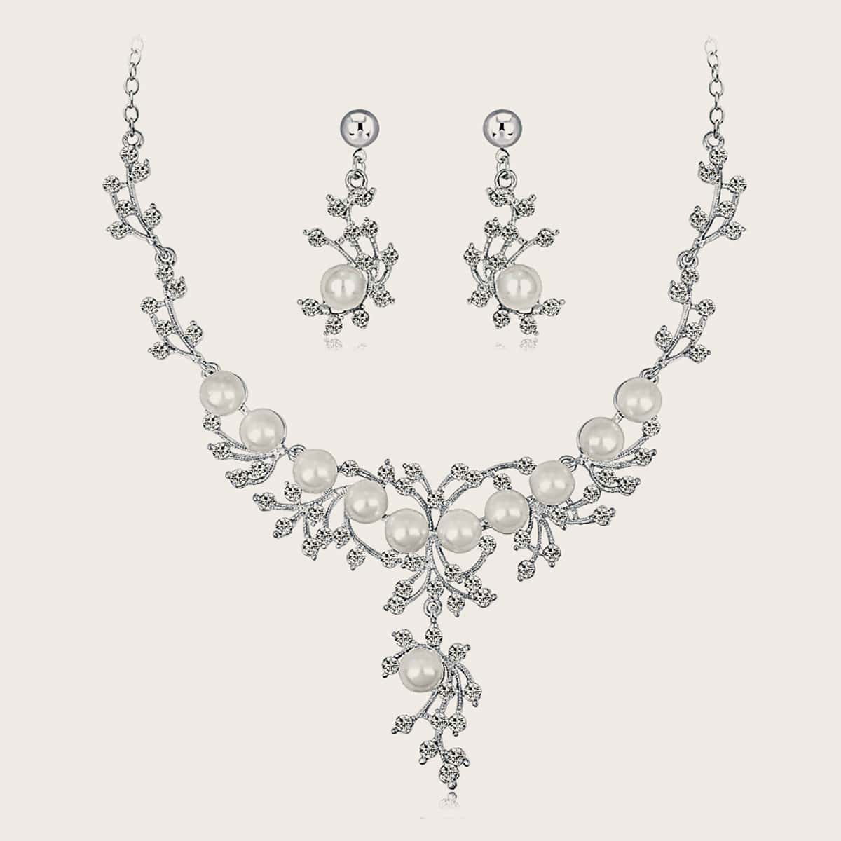 

1pc Rhinestone Engraved Faux Pearl Charm Necklace & 1pair Earrings
