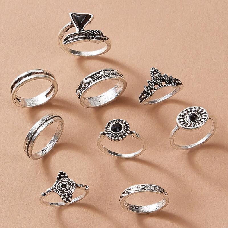 

9pcs Vintage Geometric & Leaf Decor Ring, Silver