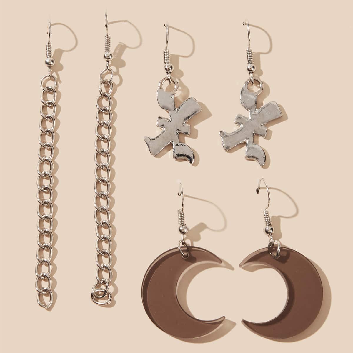 

3pairs Moon & Chain Drop Earrings, Multicolor