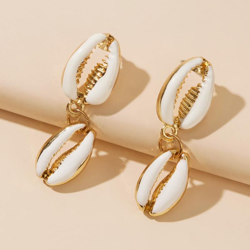 

1pair Double Shell Drop Earrings, White
