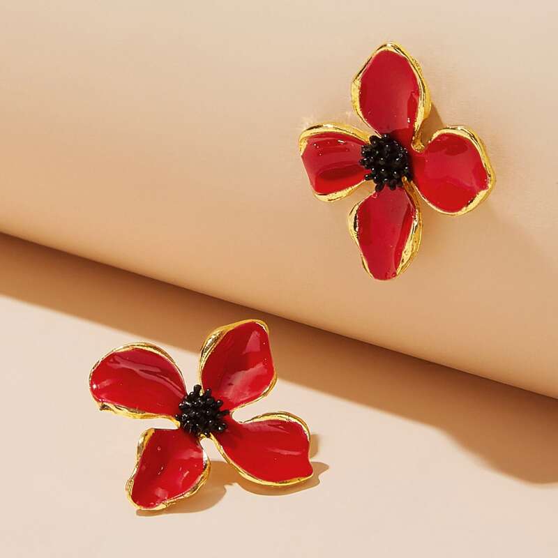 

1pair Floral Stud Earrings, Red