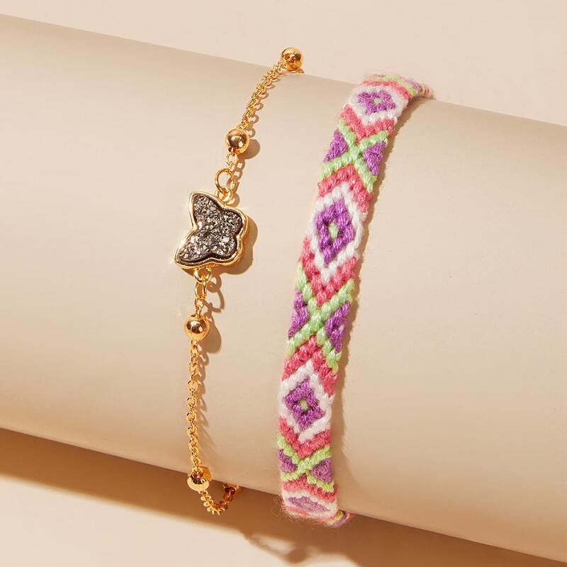

2pcs Rhinestone Butterfly Braided Bracelet, Multicolor