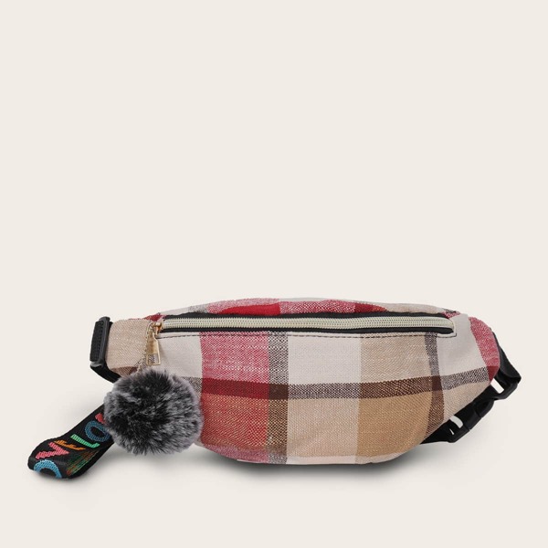 

Girls Pom Pom Charm Plaid Fanny Pack, Multicolor