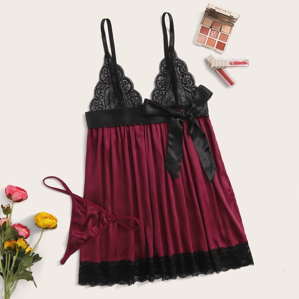 

Contrast Lace Satin Slips With Thong, Burgundy