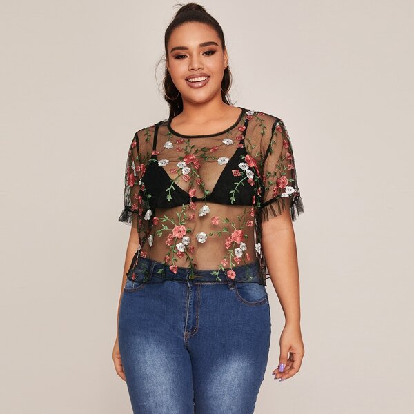 

Plus Floral Embroidery Mesh Sheer Top, Black