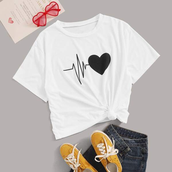 

Plus Heart Print Round Neck Tee, White