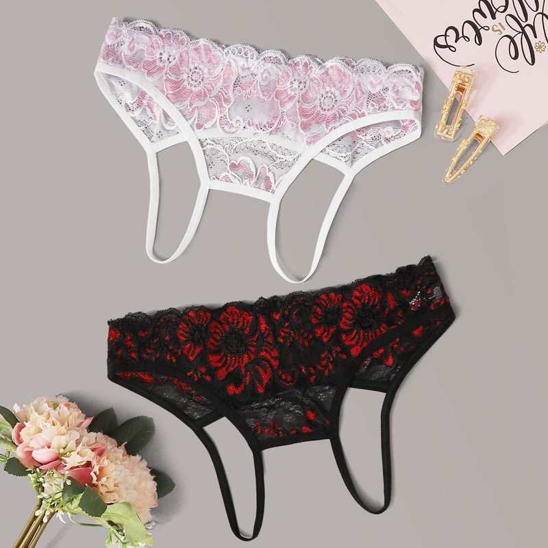 

2pack Floral Lace Crotchless Panty Set, Multicolor