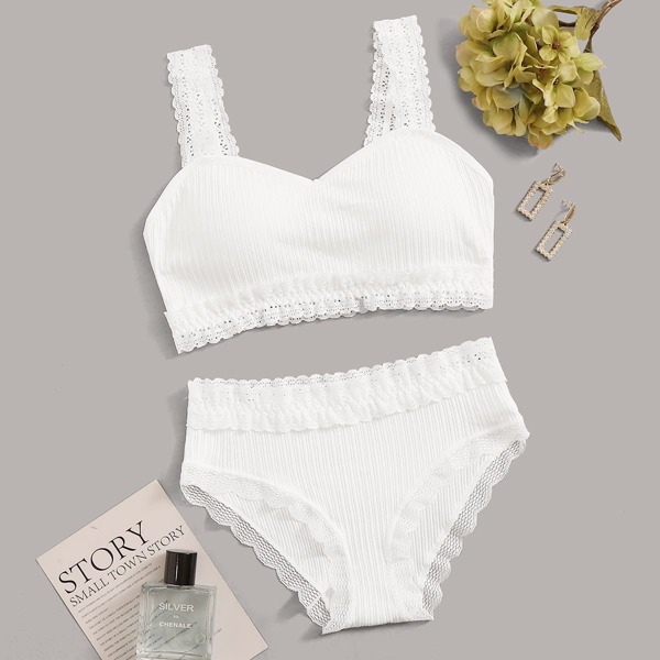 

Lace Trim Ribbed Lingerie Set, White
