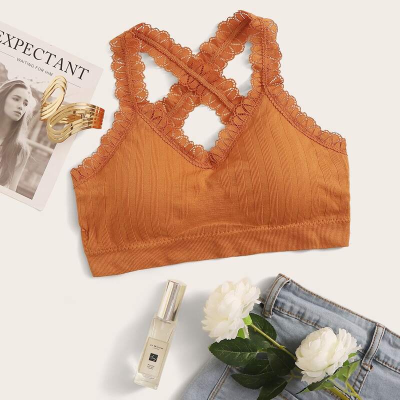 

Lace Trim Crisscross Bralette, Orange