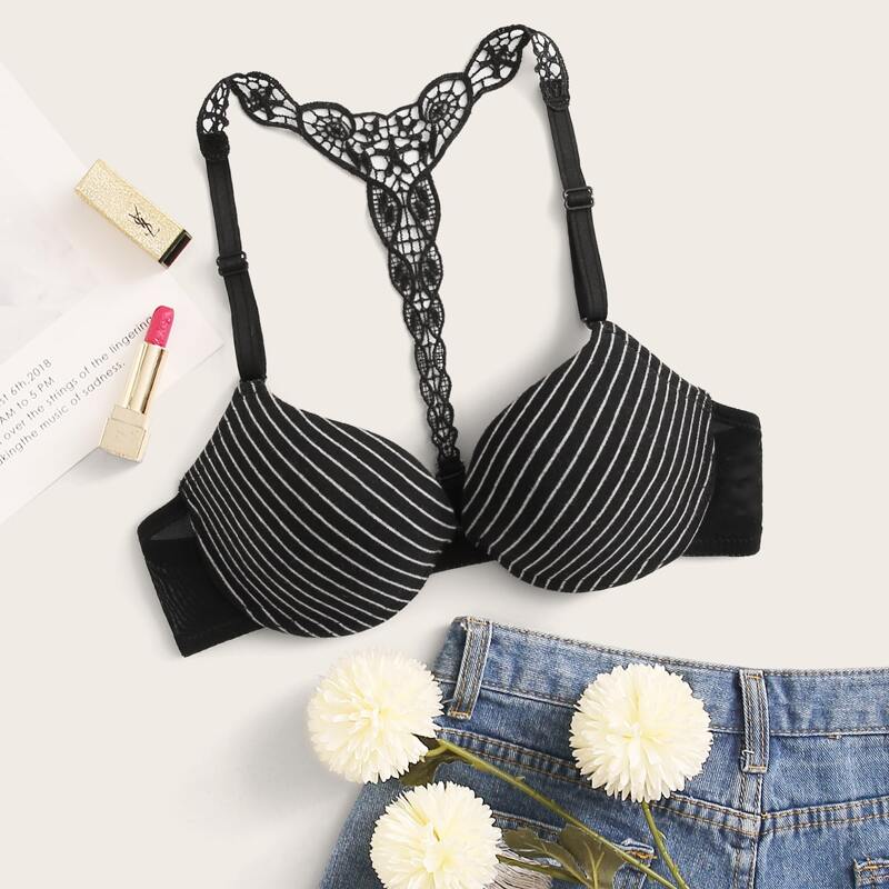 

Striped Crochet Back Bra, Black