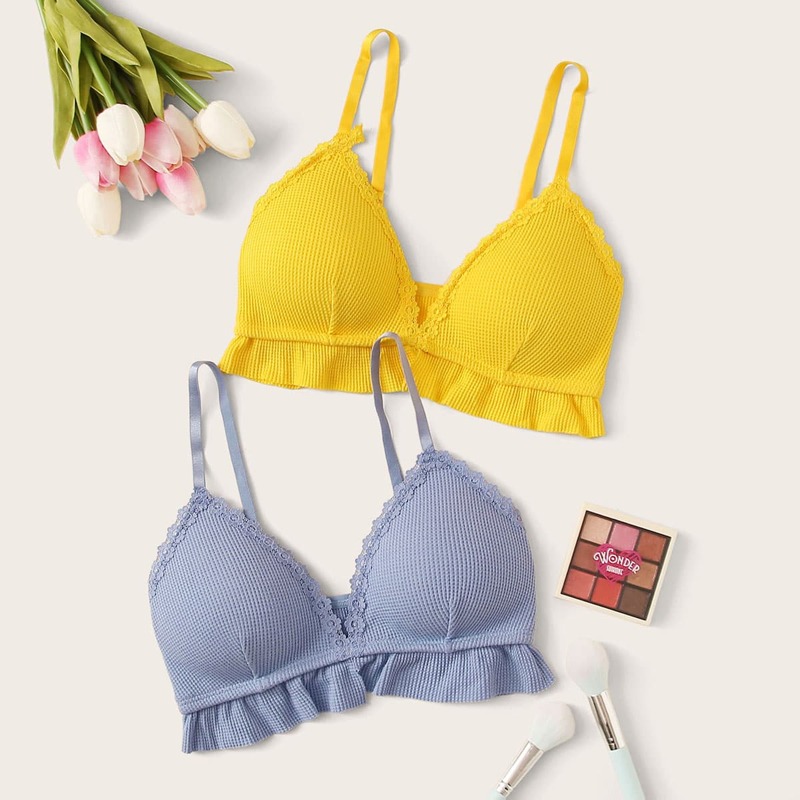 

2pack Frill Trim Textured Bra Set, Multicolor
