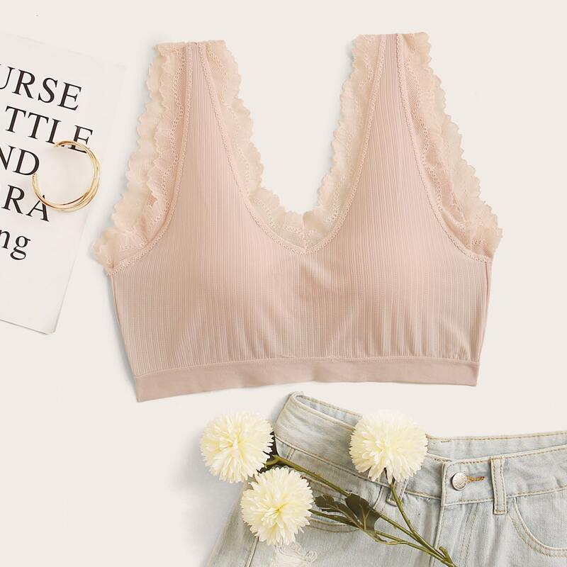 

Lace Trim Ribbed Bralette, Pink