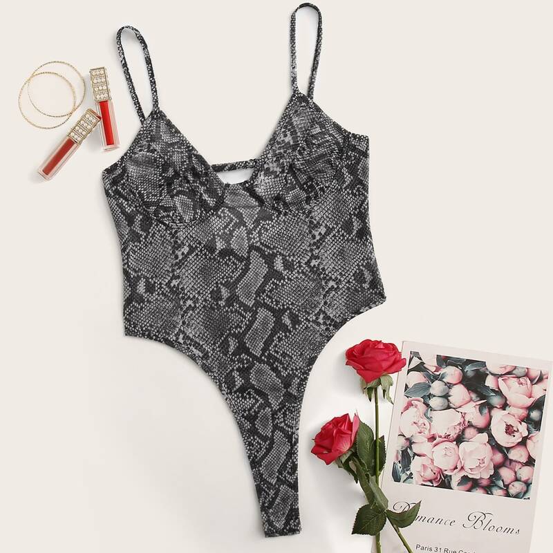 

Snakeskin Print Teddy Bodysuit, Multicolor