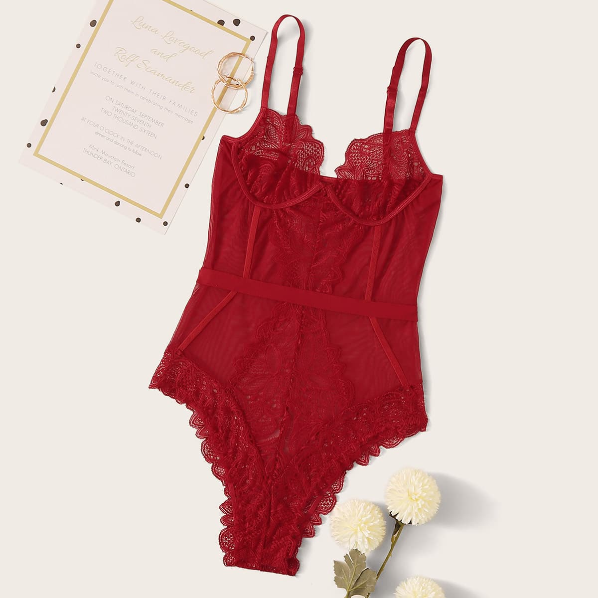 

Contrast Lace Sheer Teddy Bodysuit, Red