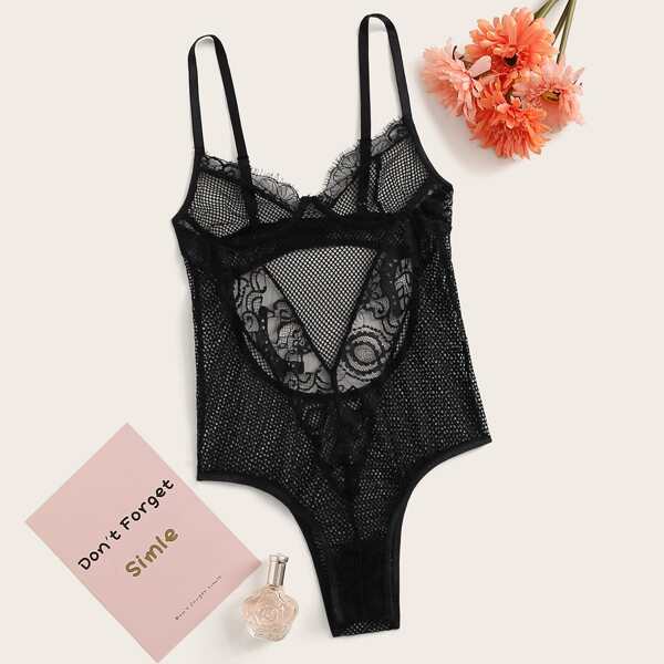 

Contrast Lace Fishnet Teddy Bodysuit, Black