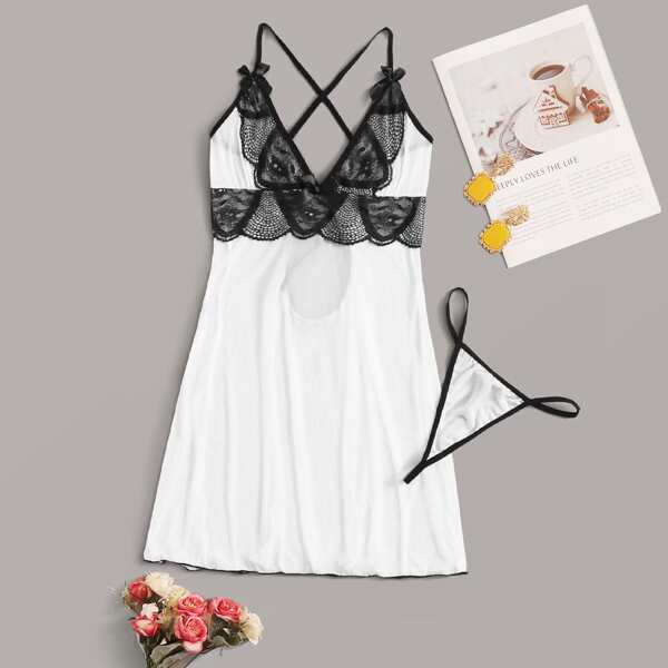 

Contrast Lace Slips With Thong, White