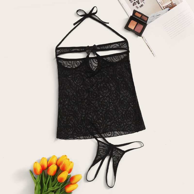 

Circle Mesh Crotchless Lingerie Set, Black