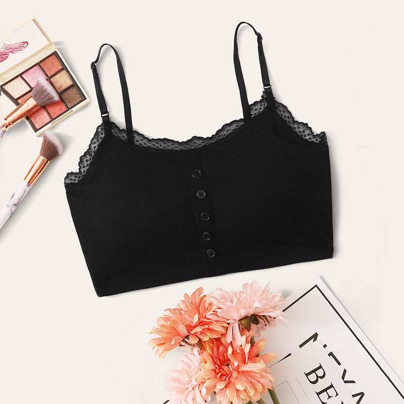 

Button Decor Lace Trim Bralette, Black