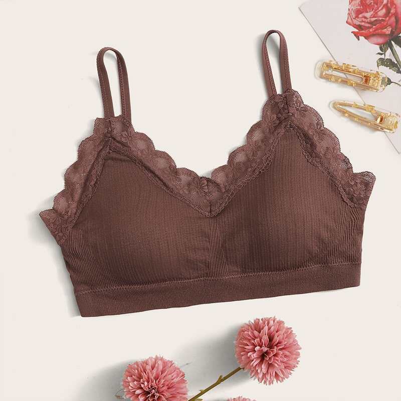 

Lace Trim Ribbed Bralette, Brown