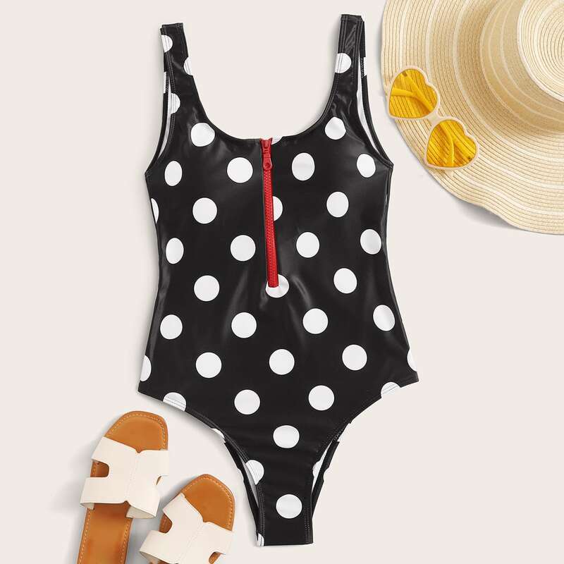 

Zip Front Polka Dot One Piece Swimsuit, Black and white