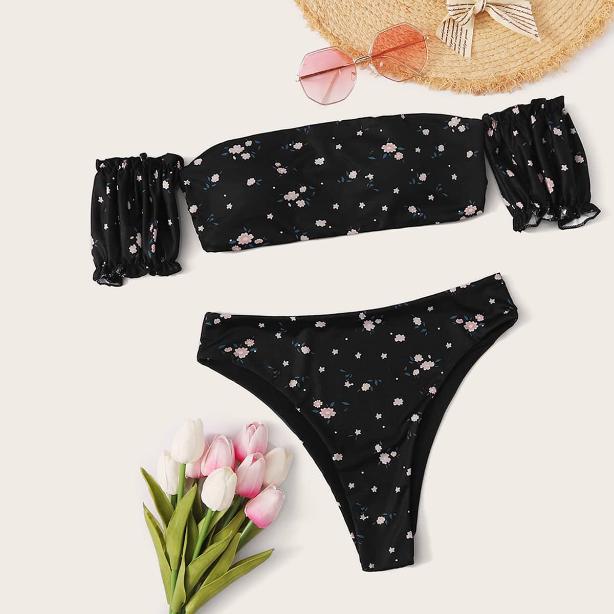 Floral Print Bardot High Cut Bikini Swimsuit, Black