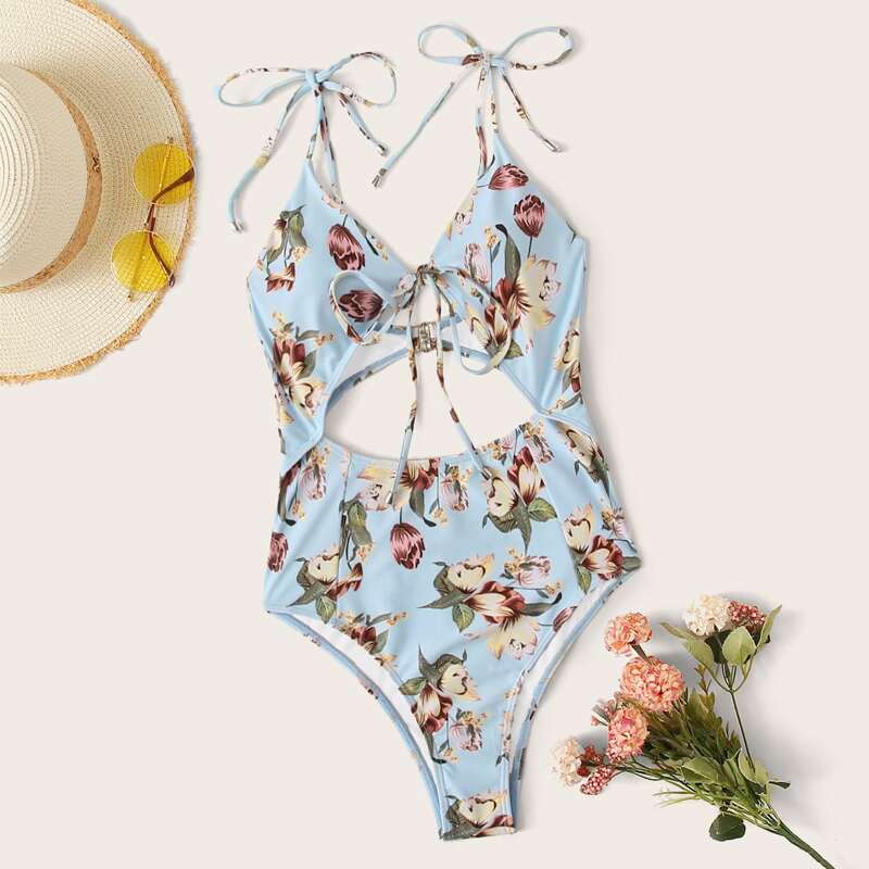 

Knot Shoulder Floral Print One Piece Swimwear, Multicolor