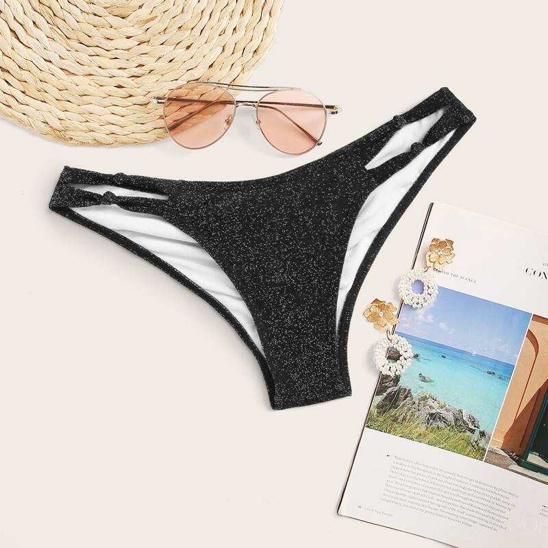 

Glitter Cutout Ruched Bikini Bottom, Black