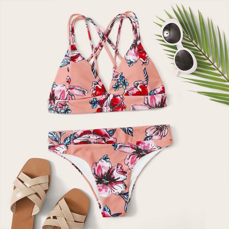 

Crisscross Back Triangle Floral Bikini Swimsuit, Multicolor