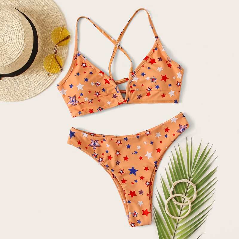 

Star Print Top With High Cut Bikini Set, Orange
