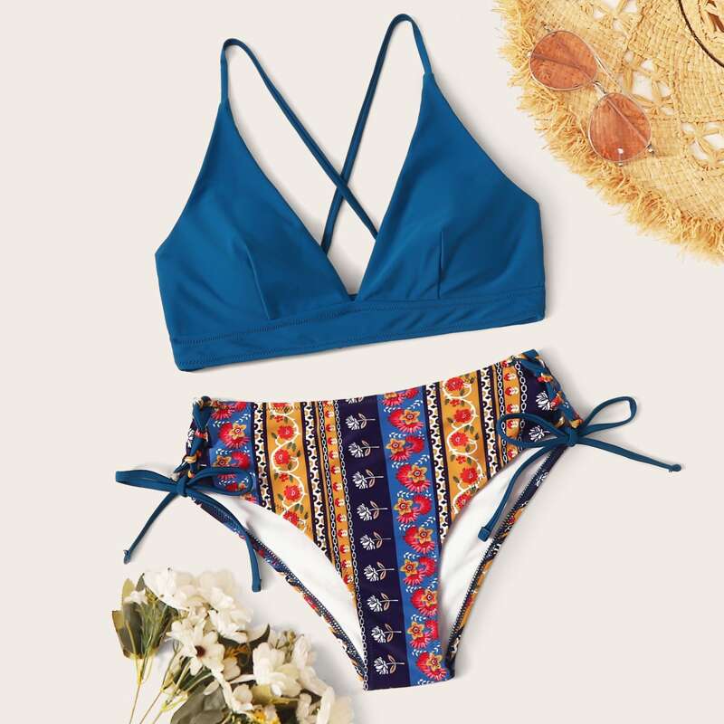 

Crisscross Floral Tie Side Bikini Swimsuit, Multicolor