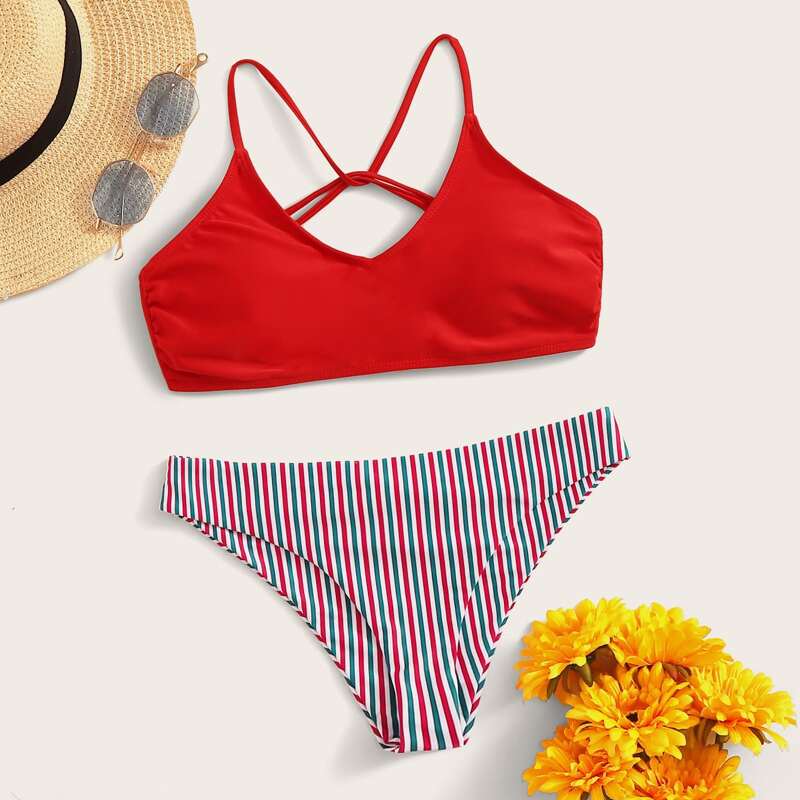 

Striped Criss Cross Low Rise Bikini Swimsuit, Multicolor