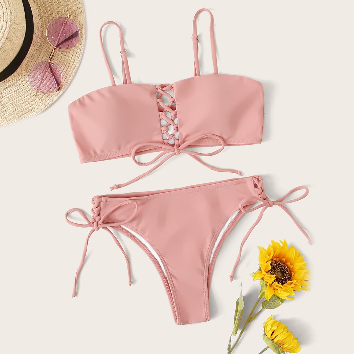 

Lace-up Front Top With Tie Side Bikini Set, Pink
