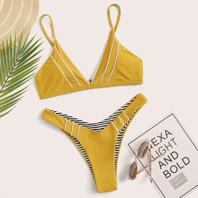 

Layered Design Top With High Cut Bikini Set, Yellow