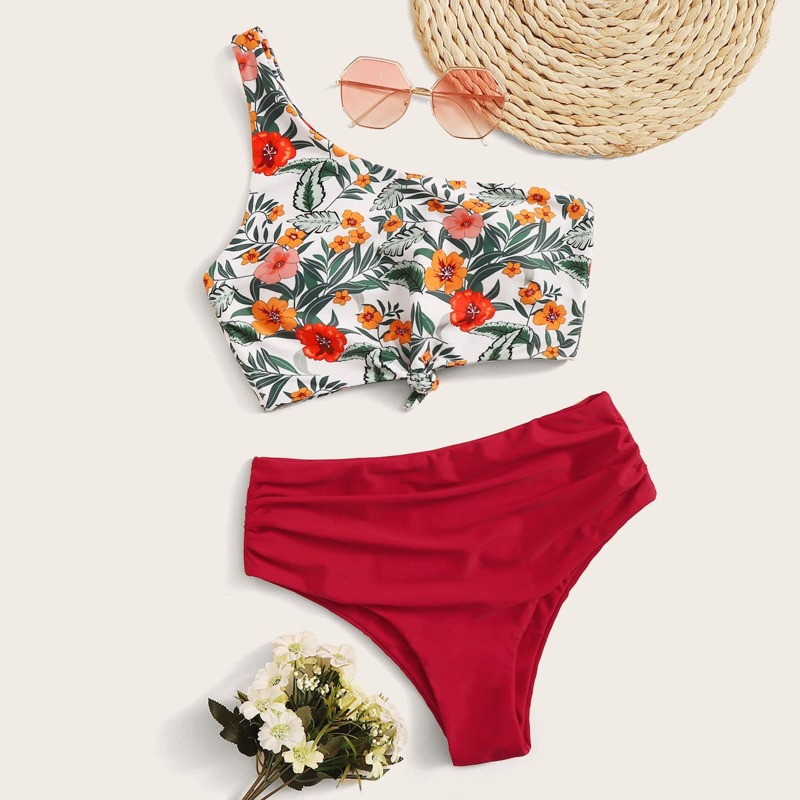 

One Shoulder Floral Ruched Bikini Swimsuit, Multicolor