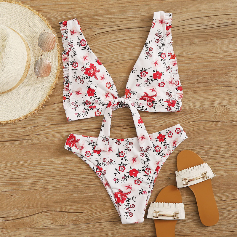 

Floral Frill Trim Knot Bikini Swimsuit, Multicolor