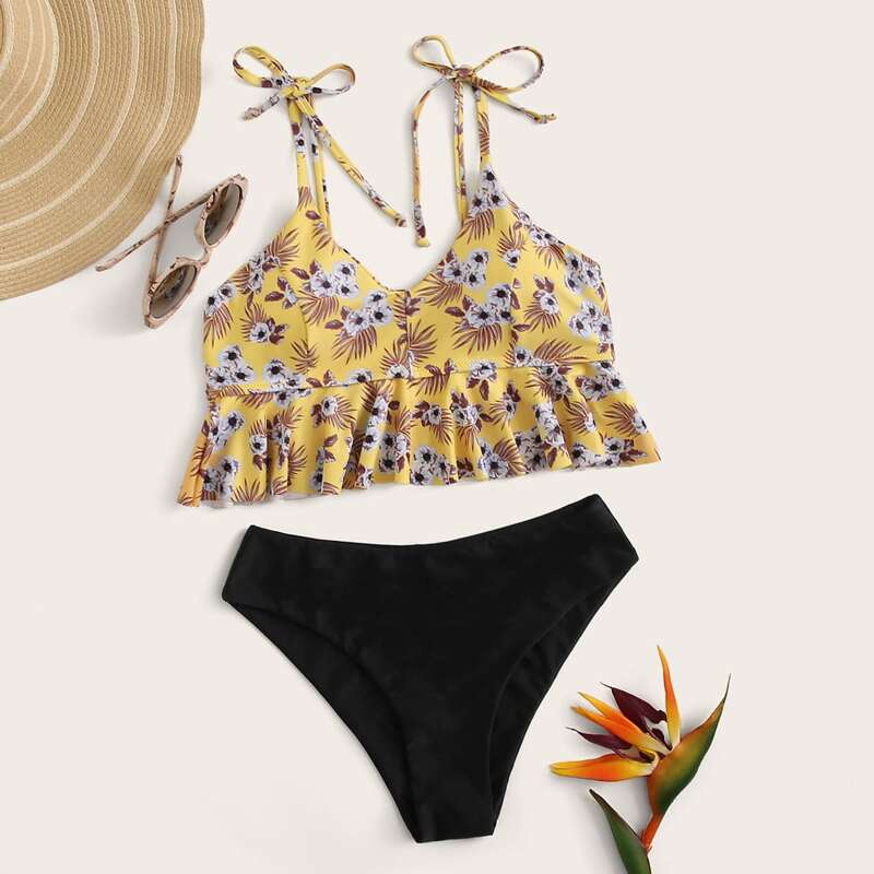 

Floral Print Ruffle Hem Bikini Set, Multicolor